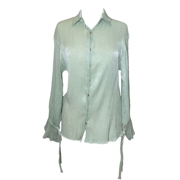 Pretty Lavish Metallic Sage Green Long Sleeve Tie Detail Blouse Women’s Small - Picture 2 of 9